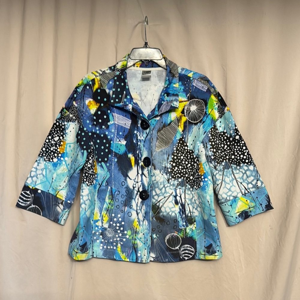 Simply Art by Dolcezza  Blazer with Abstract Design, Size M, Color Blue/Black/Wt